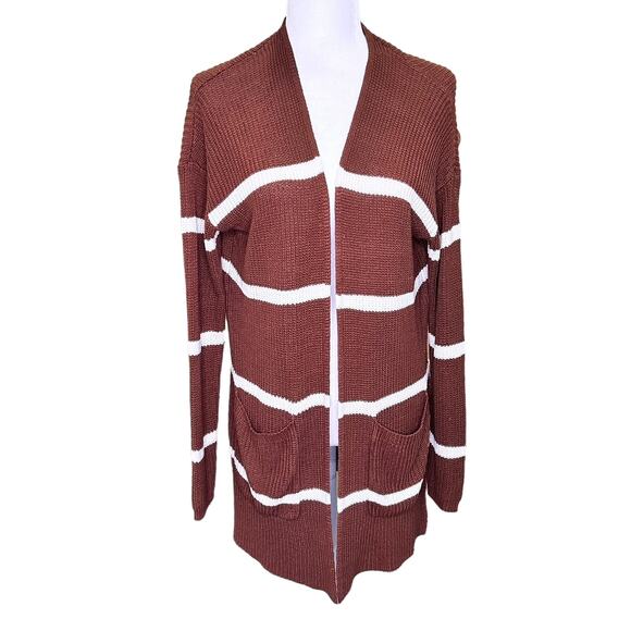 Pink Clover Spice Brown White Striped Cardigan with Pockets - Picture 1 of 8